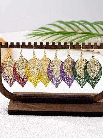 1 Pair Boho Style Hollow-Out Layered Multi-Colorful Leaf Design Drop Earrings For Women - Elegant Wedding, Daily Wear, Party & Beach Vacation Jewelry