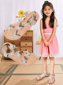 Girls Sandals For Summer, Butterfly Decor, Round Toe Flat Exposed Toe Princess Roman Shoes, Suitable For Outdoor, Shopping, Beach Travel
