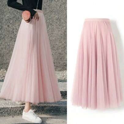 1 pieza Falda larga de cintura alta para mujer, longitud de 95 cm, disponible en azul , rosa, verde oscuro, azul grisáceo, negro, blanco, rojo, estilo tutú esponjoso, 4 capas de malla + 1 forro, sin huesos, adecuada para fiesta, escenario, festival, disfraz de verano