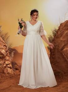Plus Size V-Neck Embroidered Lace Flare Sleeve Patchwork Chiffon Maxi Wedding Dress, Bride - White - View 3