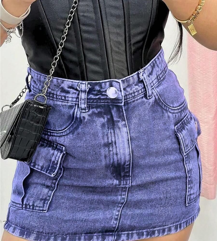 Women's Cargo Denim Skirt With Graphite Details In Various Colors - Blue - View 1