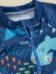Conjunto de camiseta y shorts de baño de verano para niños y niñas bebés, con estampado de tiburón y delfín, incluye gorra - Azul - Ver 6