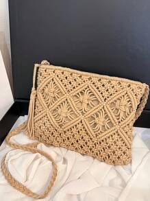 Stylish Solid Color Hollow Handwoven Crochet Bag, Bohemian Style Outdoor Camping Activity Clutch Bag, Spring Summer New Breathable Travel Vacation Beach Bag, Lightweight Casual Daily Commuting Shopping Shoulder Bag, Women Crossbody - Khaki - View 5