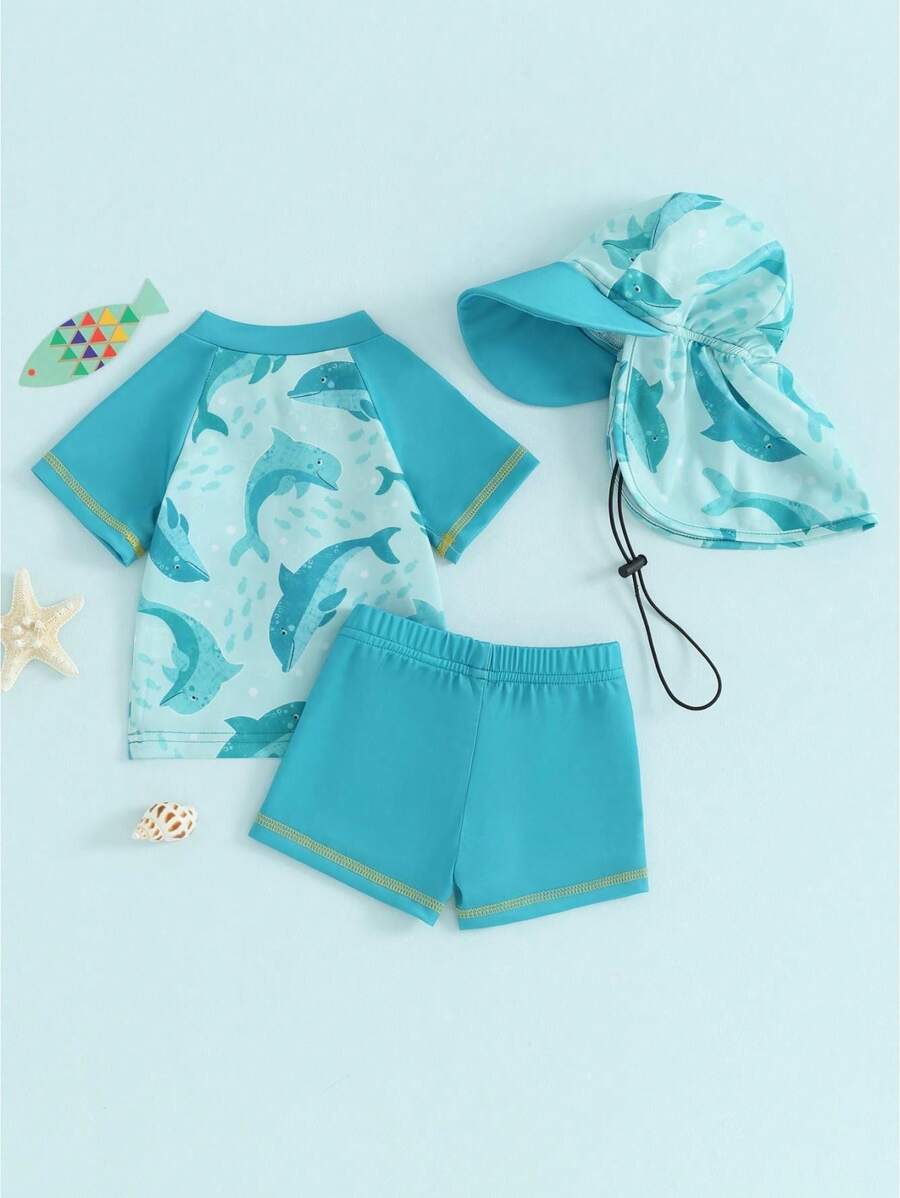 Baby Kids Girls Boys Rash Guard Set, Short Sleeve Shark Dolphin Print Top With Shorts Hat Swimsuit Summer Swimwear - Sky Blue - View 1