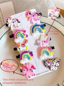 10pcs Girls Cute Rainbow Unicorn Cartoon Hair Clips(2 Styles Of Ponies Sent Randomly)