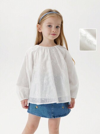 MARC&JANIE 年轻女孩优雅奢华刺绣泡泡袖圆领衬衫，春季