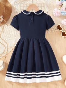 Girls Casual Peter Pan Collar Bow Decor Mini Dress, Elegant College Style Short Sleeve Princess A-Line Dress, Summer New Arrival - Blue - View 2