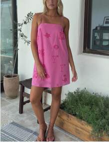 Women Slip Dress, Spaghetti Straps Backless Graphic Print A-Line Dress Summer Mini Dress - Hồng - Xem 3
