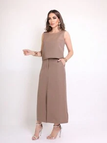 TAILORING SET OF BLOUSE AND MIDI SKIRT - Mocha Brown - View 3