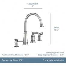 Moen Spot Resist Stainless One-Handle High Arc 4-Hole Kitchen Faucet With Side Sprayer And Soap Dispenser, 87042SRS - 1 - 查看 2
