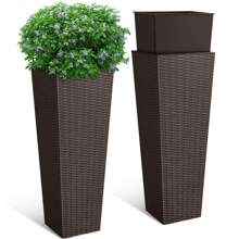 Furniwell 2-Piece Plastic Planter Box Set, Imitation Wicker Tall Planter Pots