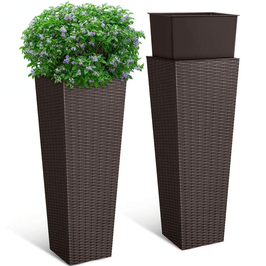 Furniwell 2-Piece Plastic Planter Box Set, Imitation Wicker Tall Planter Pots