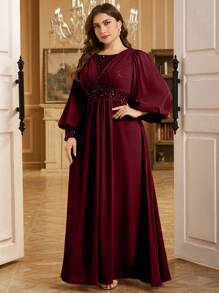 SUPGIR Đầm cỡ lớn cổ tròn tay phồng xếp ly ngực, đính sequin, dáng chữ A, đầm cocktail thanh lịch, đầm dự tiệc cưới, đầm dự tiệc, đầm dạ hội, đầm mùa xuân - Màu Đỏ Sâu - Xem 3