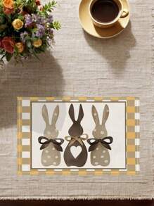 4 pezzi Sottopiatti pasquali di coniglietti a quadri, sottopiatti a quadri buffalo, lavabili in lavatrice, decorativi per tavoli rotondi, ideali per feste del tè - Castano - Visualizzare 3