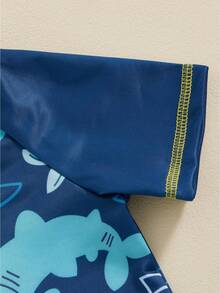 Conjunto de camiseta y shorts de baño de verano para niños y niñas bebés, con estampado de tiburón y delfín, incluye gorra - Azul - Ver 7