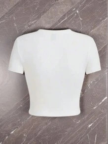 Camiseta corta de manga corta con estampado de labios y eslogan, cuello redondo, ajustada, para mujer, estilo casual, para primavera y verano