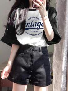 Summer New Women Loose Leisure Versatile Letter & Floral Pattern Splice Design T-Shirt Top - White - View 1