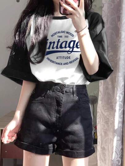 夏季新款女士宽松休闲百搭字母花卉图案拼接设计T恤上衣