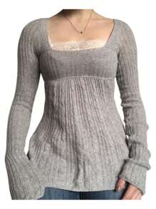 Women's Cable Knit Tops Long Sleeve Square Neck Solid Color Loose Fit T-Shirts Sweaters - 灰色 - 查看 1