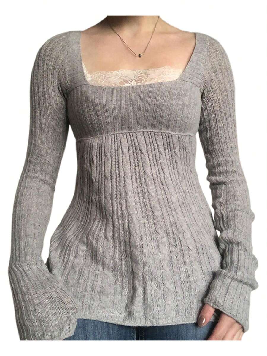 Women's Cable Knit Tops Long Sleeve Square Neck Solid Color Loose Fit T-Shirts Sweaters - 灰色 - 查看 1