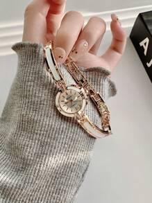 1 pieza Reloj de mujer delicado y pequeño de movimiento de cuarzo, esfera plateada/blanca, adecuado para estudiante/adulto/regalo/fiesta/damas - Oro rosa - Ver 2