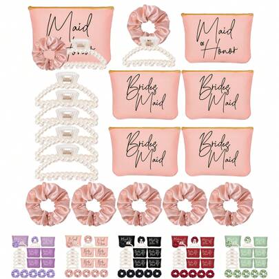 15Pcs Bridesmaid Proposal Gifts Maid Of Honor Gifts Bridesmaid Gift Set, Include 5 Bridesmaid Makeup Bag, 5 Pearl Hair Claws 5 Hair Scrunchies For Wedding Bachelorette Gifts