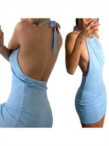 Women Summer Knitted Dress, Solid Color Tied Neck Off-Shoulder Backless Slim Skirt For Ladies, 12 Colors - 藍色 - 查看 5