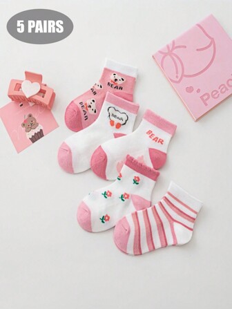 5 Pairs Pink Bear & Bow Design Kids' Mesh Mid-Calf Cartoon Socks, Girls Boys Toddler Baby Socks, Spring Summer