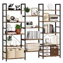 Triple Wide 5 Tier Bookshelf, Home Office Industrial Bookcase With 14 Open Shelves