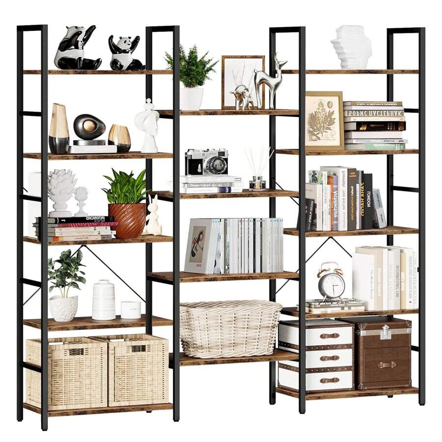 Triple Wide 5 Tier Bookshelf, Home Office Industrial Bookcase With 14 Open Shelves