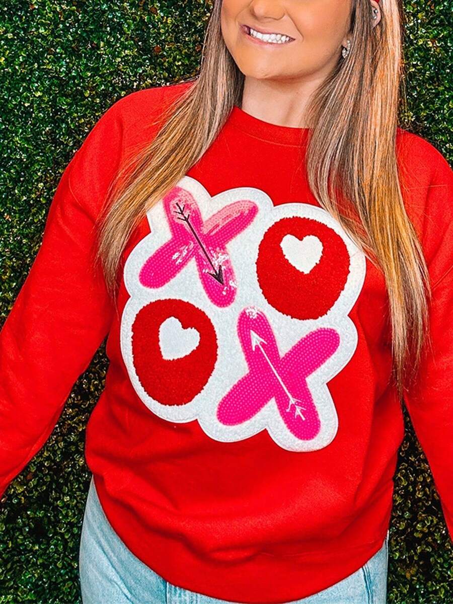 Womens Valentines Day Sweatshirts Long Sleeve Round Neck Letter Patchwork Pullovers Oversized Tops