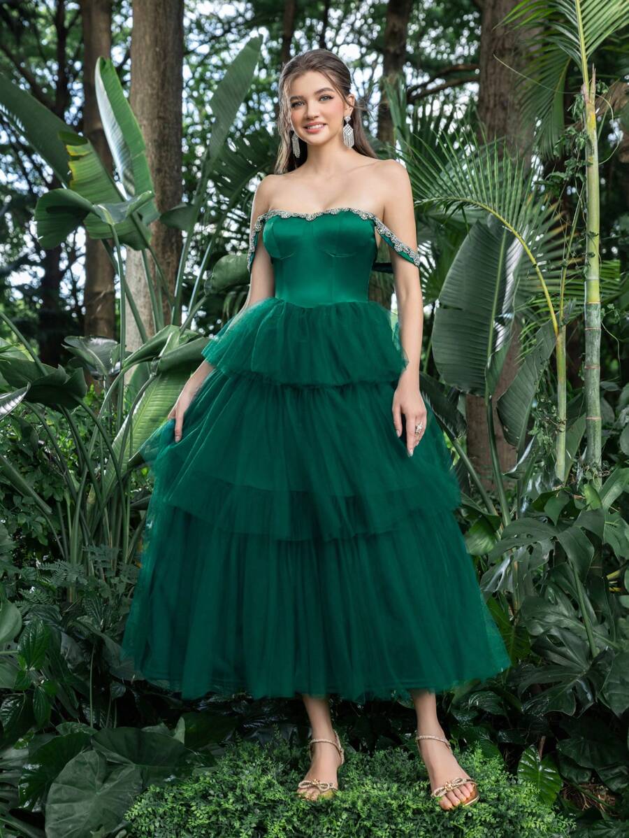 Faeriesty Prom Dresses Elegant Off Shoulder Lace Trim Detail Bodice Contrast Layered Tulle Hem Homecoming Prom Dress Perfect For Back To School, Gathering, Dance & Cocktail Events - Dark Green - View 1