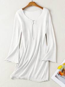 性感金属环镂空深V领裹身针织迷你连衣裙宽松喇叭袖修身针织毛衣泳衣罩衫