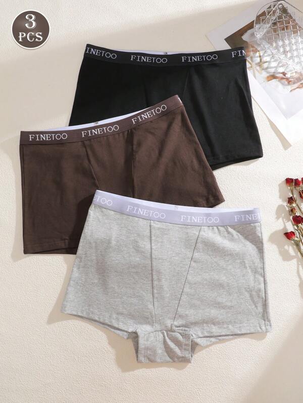 3pcs/Set Solid Color Letter Waistband High-Waisted Boxer Brief Underwear, Comfortable For Women