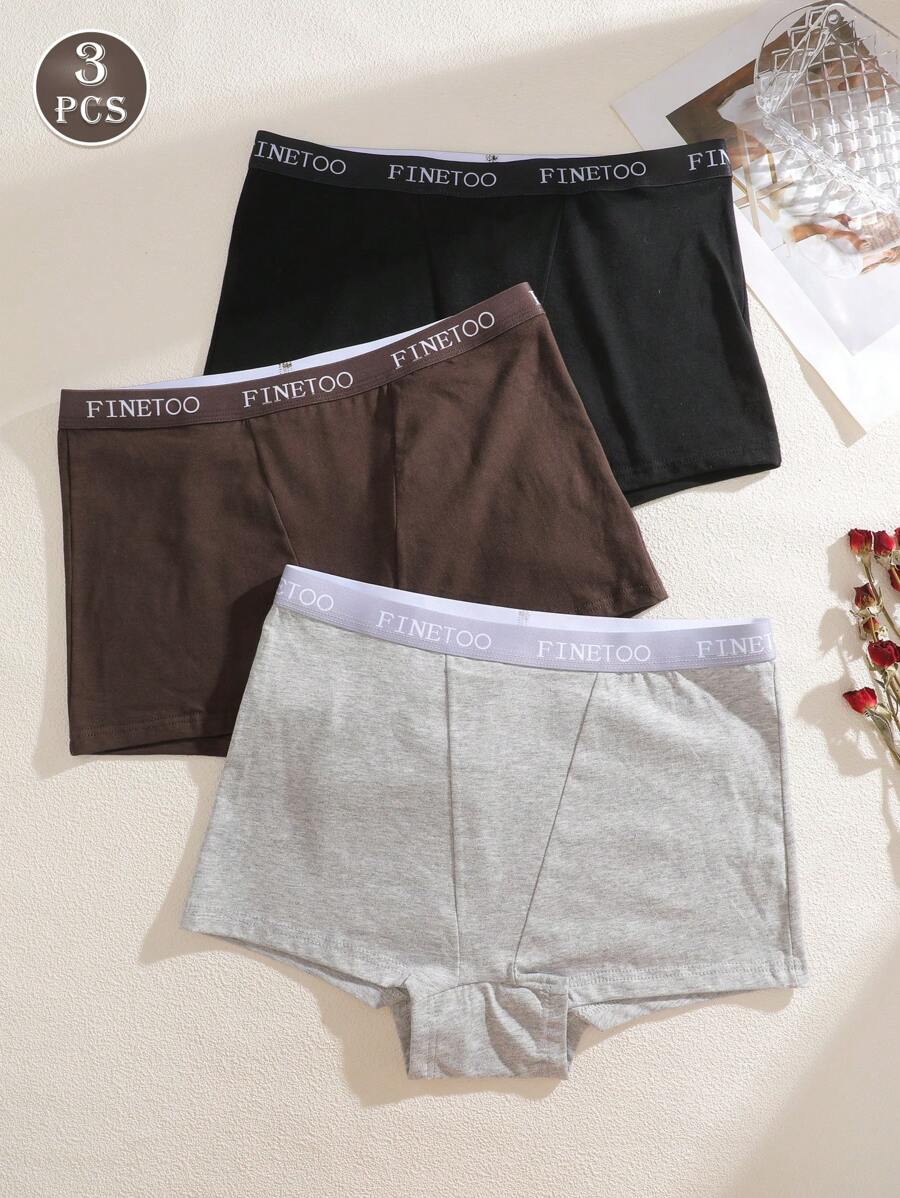 Quần lót boxer cạp cao lưng cao họa tiết chữ màu trơn 3 món/bộ, thoải mái cho phụ nữ - Nhiều màu - Xem 1