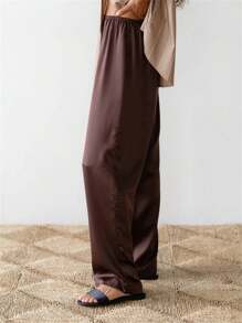 Women's Casual Wide Leg Dress Pants Elastic Waist Solid Color Satin Pants Work Trousers - Tan - View 2