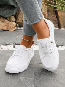 Plus Size Women Athletic Sneakers,White School Casual Student Flat Fashionable Lace-Up Trainers,Non-Slip Breathable Leisure Comfortable Big Size Shoes