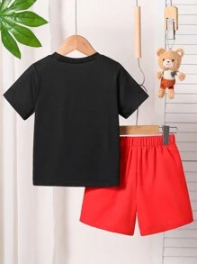 2 pièces/set t-shirt à manches courtes et shorts d'été pour tout-petits garçons, avec imprimé de lettre porte-bonheur et d'ours, tenues décontractées mignonnes