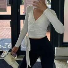 Womens Cross Wrap Tie Tops Long Sleeve Deep V Neck Solid Color Slim Fit T-Shirts Workout Blouses - White - View 3