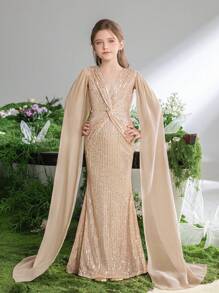 Tween-Mädchen Langes Chiffon-Maxi-Partykleid mit Laternenärmeln, V-Ausschnitt, Twist-Dekor, Fischschwanz und Paillettensaum