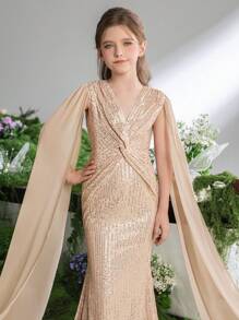 Tween-Mädchen Langes Chiffon-Maxi-Partykleid mit Laternenärmeln, V-Ausschnitt, Twist-Dekor, Fischschwanz und Paillettensaum