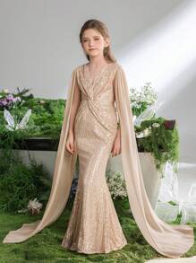 Tween-Mädchen Langes Chiffon-Maxi-Partykleid mit Laternenärmeln, V-Ausschnitt, Twist-Dekor, Fischschwanz und Paillettensaum