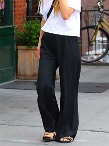 Women Satin Wide Leg Dress Pants Casuel Dressy Long Flowy Pants Solid Color Elastic High Waisted Work Trousers