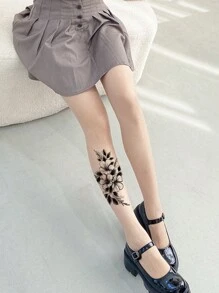 1 Pair Women Plus Size Customizable Tattoo Print Sheer Pantyhose, Nude Color Tights, Transparent Stockings