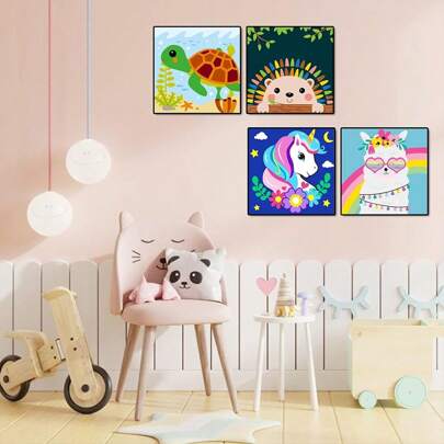 1 套 20*20 厘米儿童风格可爱动物乌龟刺猬帆布油画套装，配有编号图案、颜料、画笔，非常适合初学者和成人墙面装饰、家居装饰和节日礼物