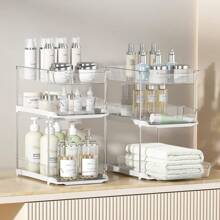 2 Sets Of 3-Tier Bathroom Under Sink Organizers And Storage, Multi-Purpose Stackable Pantry Organization And Storage, Pull Out Clear Kitchen Bathroom Cabinet Organizer With Movable Dividers