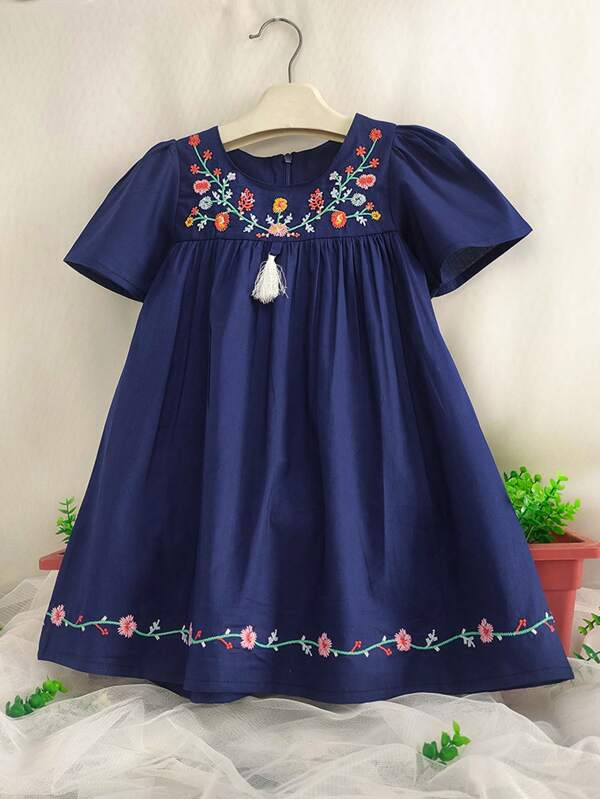 Young Girl Short Sleeve Flowers Embroidered Casual Princess Dress For Party Young Girl Summer Clothes