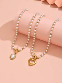 1 件不锈钢心形仿珍珠吊坠项链，配礼品袋，优雅适合女性日常佩戴、派对、约会、情人节礼物、妈妈、母亲、母亲节、礼物 - 白色 - 查看 10