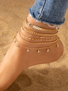 Tropiscape 6pcs Minimalist Crystal Element Beach Anklet Set, Versatile Fashion Accessory Gift For Women & Girls, Ideal For Beach Vacation Vacay Vibes Vacation Relax Beach