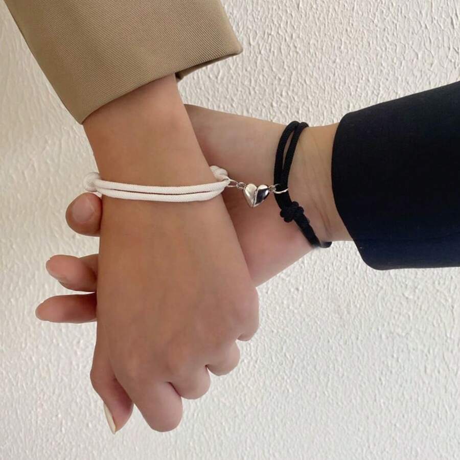 1 件甜美手工制作爱心形磁铁吸引情侣手链一对简约爱心男女黑白手链和母亲节礼物 - 黑與白 - 查看 1
